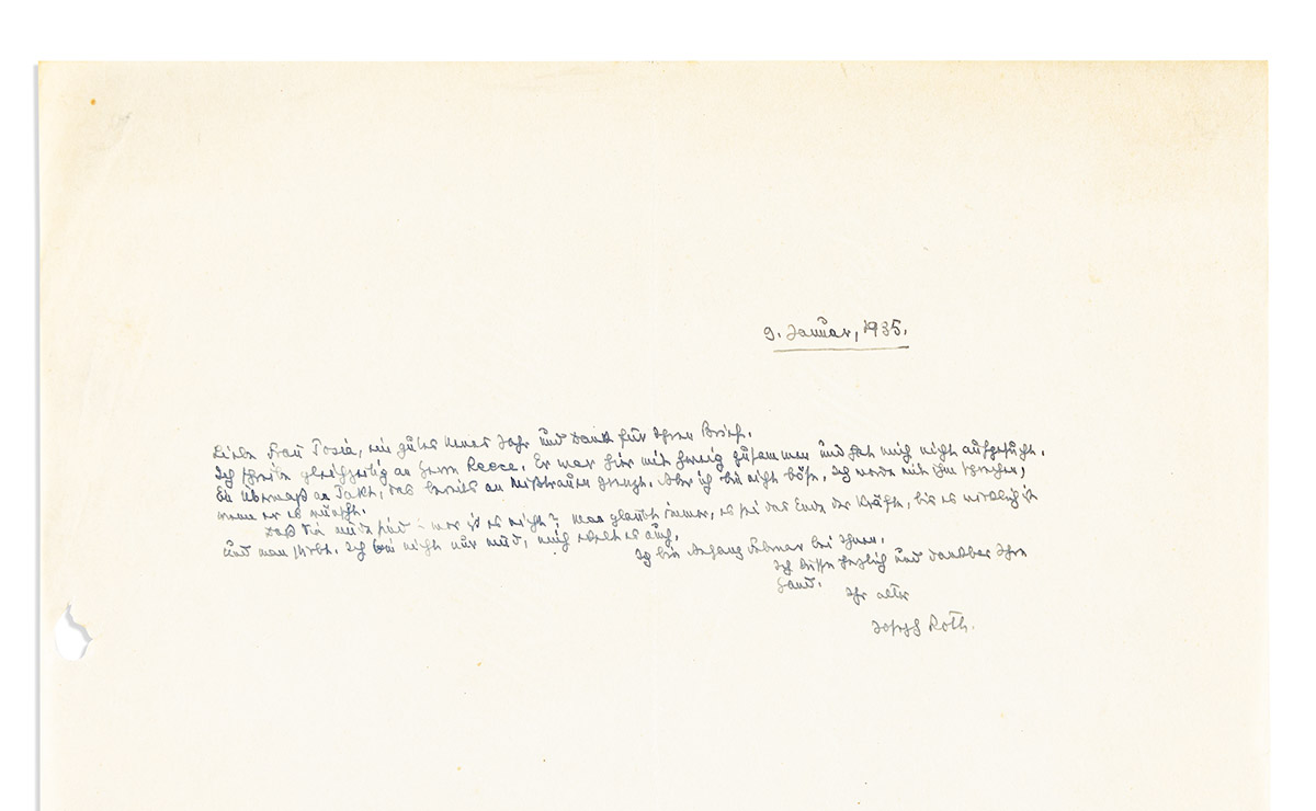 ROTH, JOSEPH. Autograph Letter Signed, to Dear Mrs. Posia, in German,